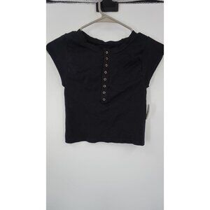 INTIMATELY FREE PEOPLE Top Sz XS/S Black Knit Silver Snap Up Henley Tee